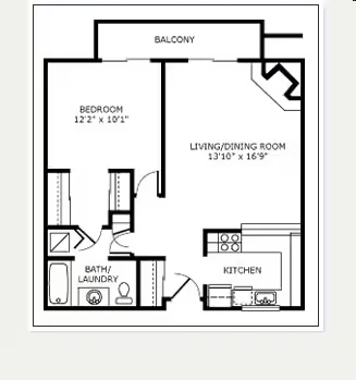 1 Bed, 1 Bath A1 A-312 floor plan